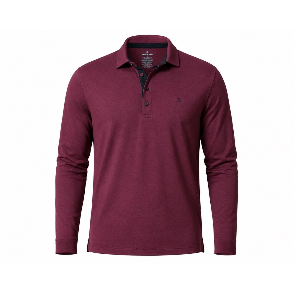 Tommy John Mens L Long Sleeve Polo Shirt Burgundy Pima Cotton Stretch Minimalist